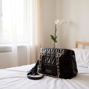 Darcy Marks London Quilted Black Vegan Leather Satchel Purse Chains Handbag